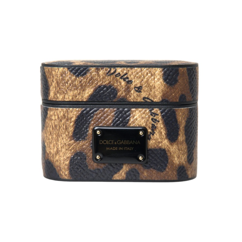 Dolce & Gabbana Brown Leopard Calf Leather Metal Logo Plaque Airpods Case
