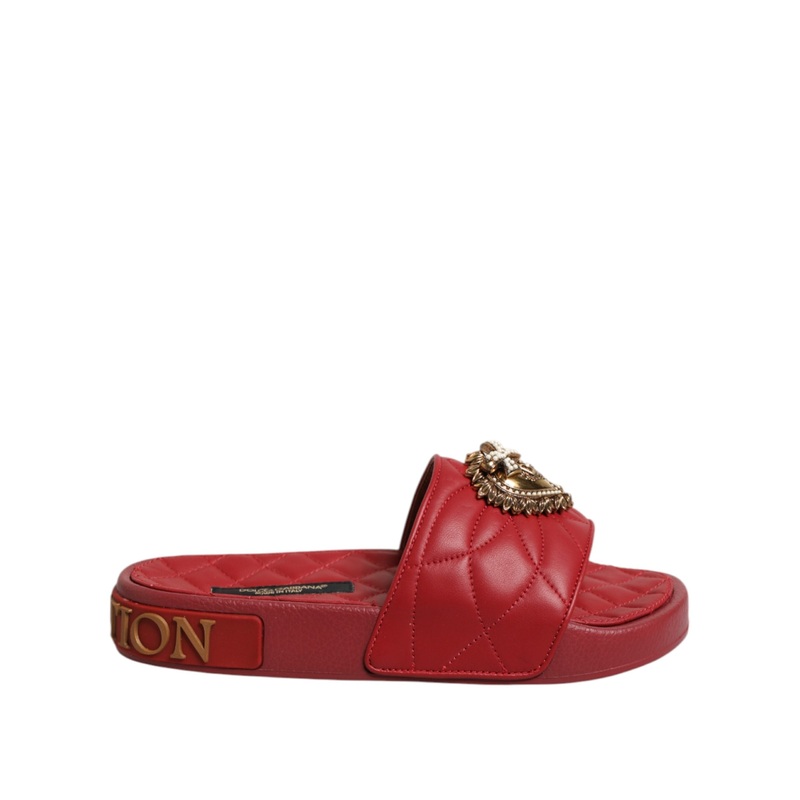 Dolce & Gabbana Red Devotion Matelass Leather Slides Shoes