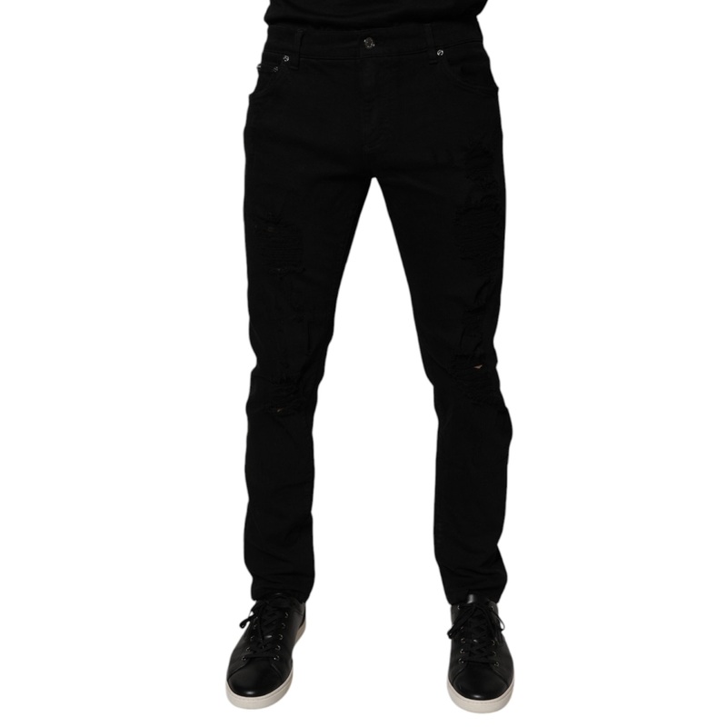 Dolce & Gabbana Black Tattered Cotton Skinny Men Denim Jeans