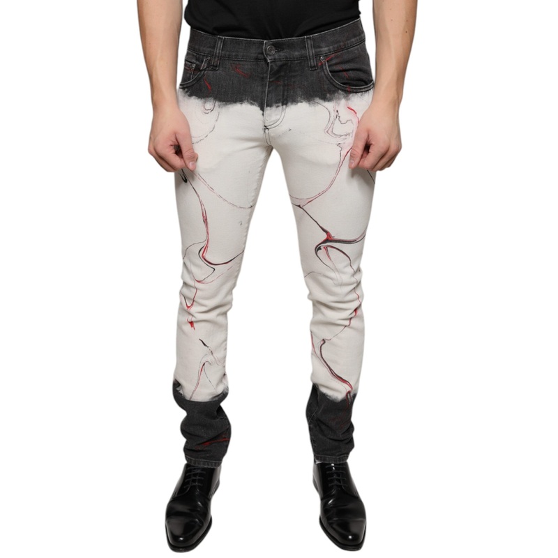 Dolce & Gabbana Black White Printed Skinny Men Denim Jeans
