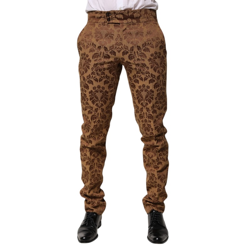 Dolce & Gabbana Brown Floral Jacquard Men Skinny Trouser Pants
