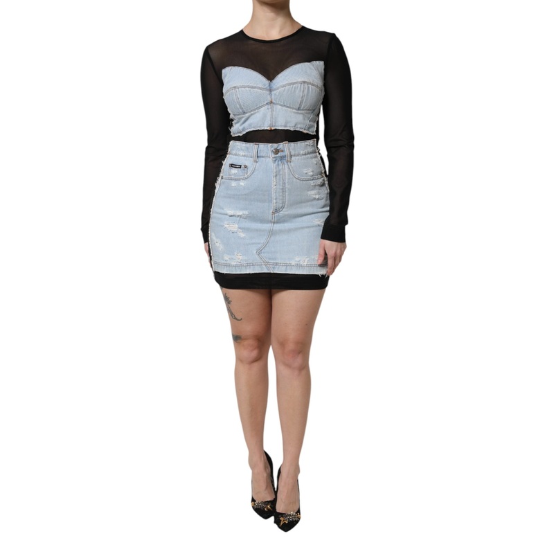Dolce & Gabbana Black Blue Long Sleeves Denim Mini Dress