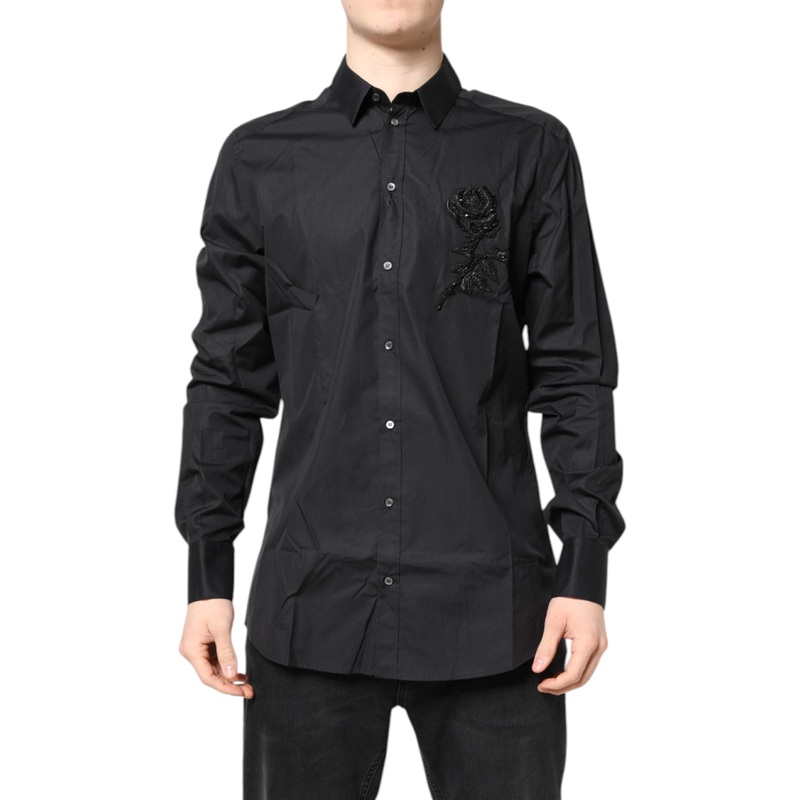 Dolce & Gabbana Black Floral Gold Cotton Dress Formal Shirt