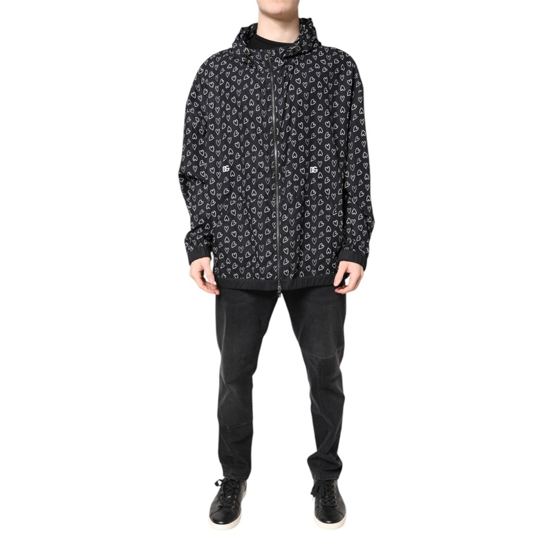 Dolce & Gabbana Black Heart Print Hooded Windbreaker Jacket