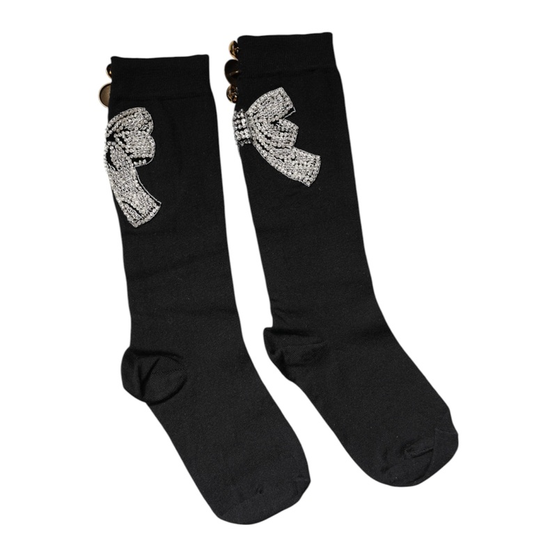 Dolce & Gabbana Black Knit Floral Crystal Embellishment Socks