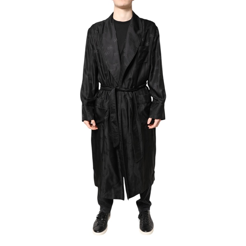 Dolce & Gabbana Black Silk DG Logo Men Wrap Robe Coat Jacket