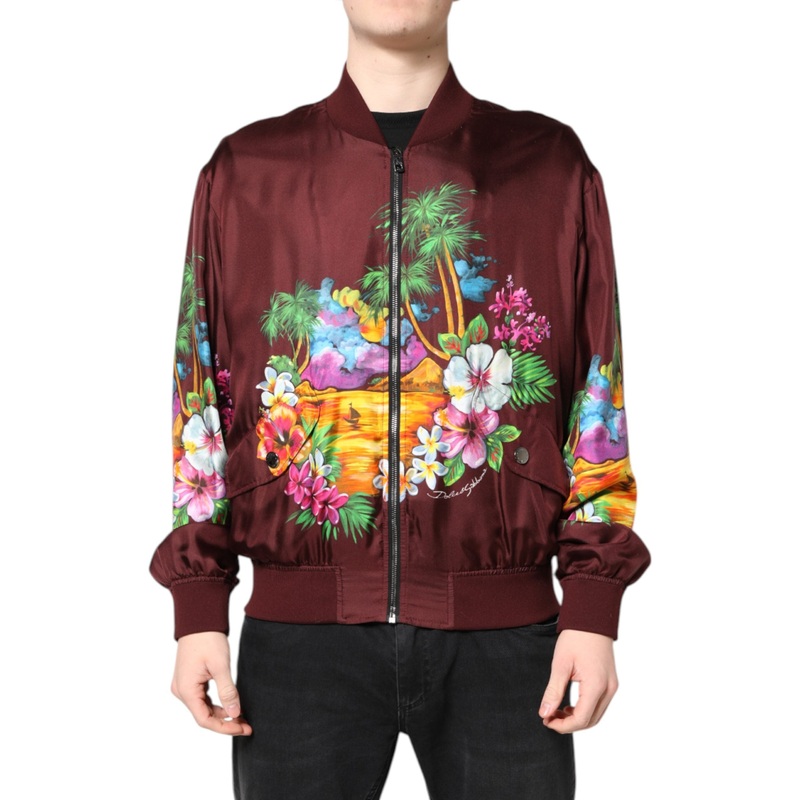 Dolce & Gabbana Maroon Floral Print Full Zip Bomber Jacket