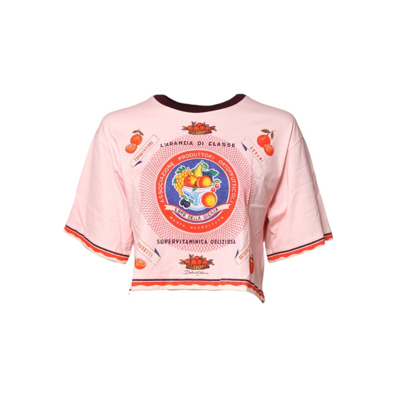 Dolce & Gabbana Pink Print Cotton Short Sleeves Cropped Top