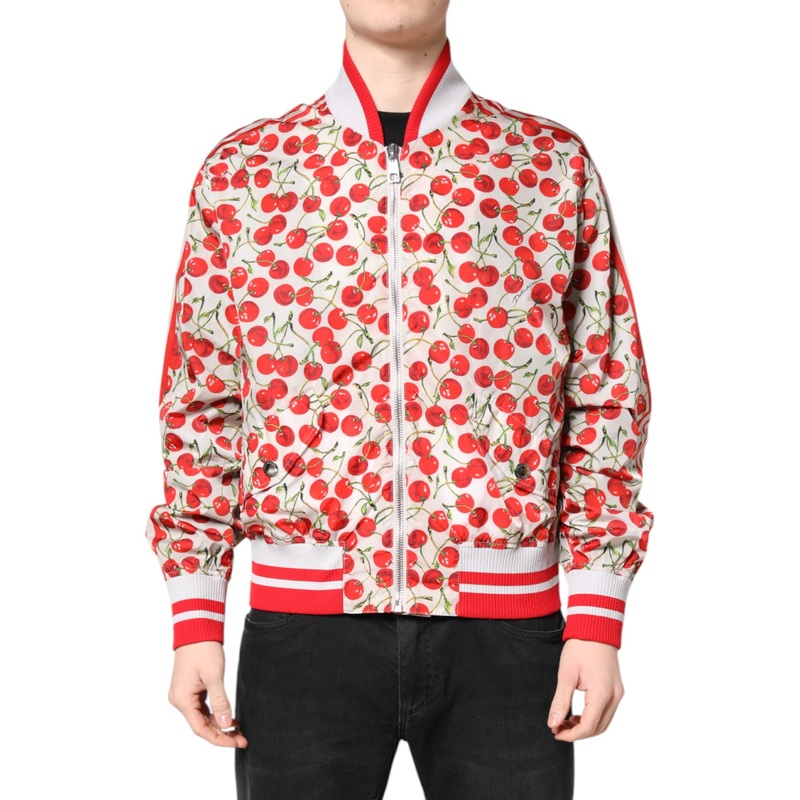 Dolce & Gabbana White Cherry Print Full Zip Bomber Jacket