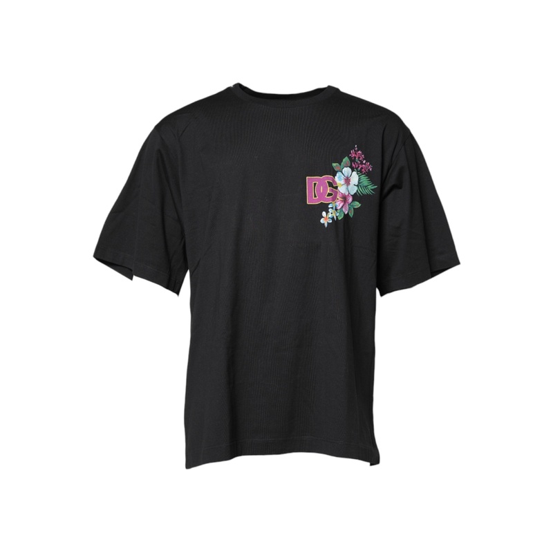Dolce & Gabbana Black Cotton DG Floral Print Crewneck T-shirt