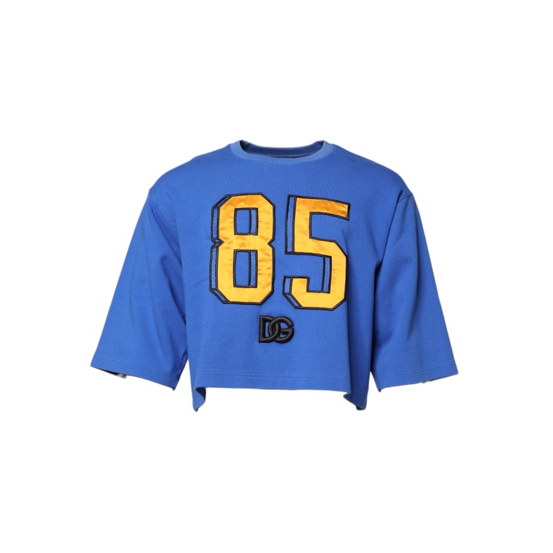 Dolce & Gabbana Blue Printed Cotton Cropped Crew Neck T-shirt