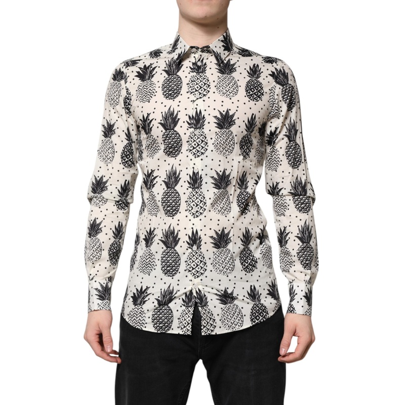 Dolce & Gabbana White Pineapple Print Long Sleeve GOLD Shirt