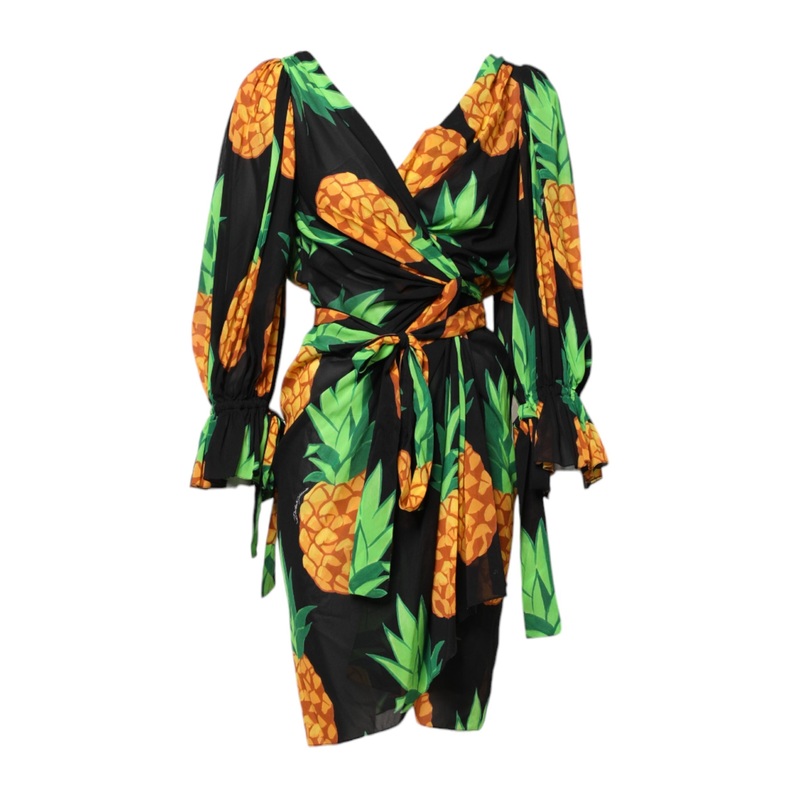 Dolce & Gabbana Black Pineapple Print Silk Wrap Mini Dress