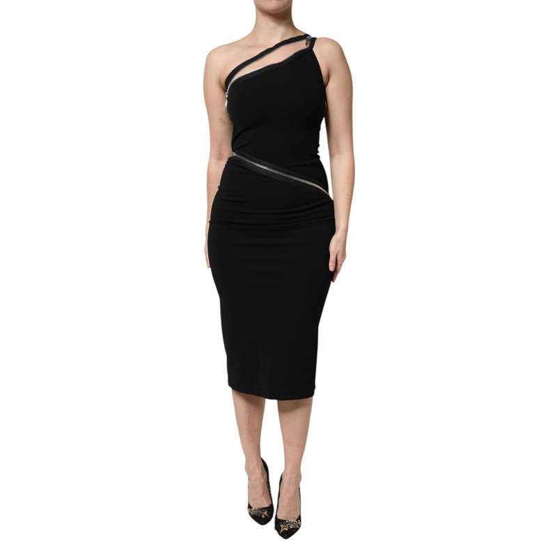 Dolce & Gabbana Black Viscose One Shoulder Zipper Sheath Dress