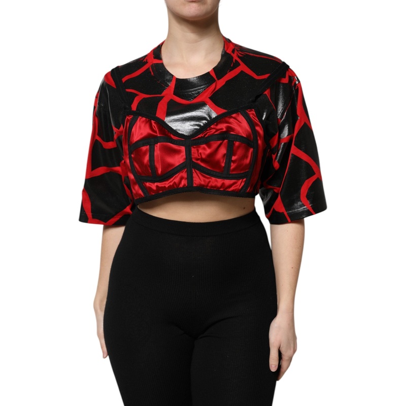 Dolce & Gabbana Red Black Cotton Bustier Detailing Cropped Top