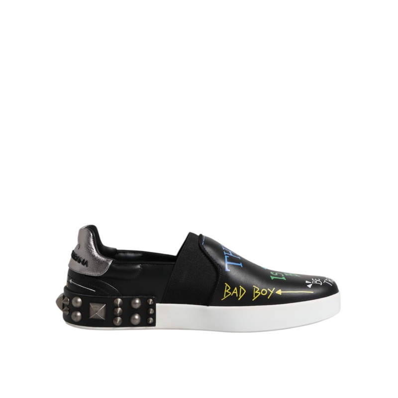 Dolce & Gabbana Black Leather Studded Graffiti Sneakers Shoes
