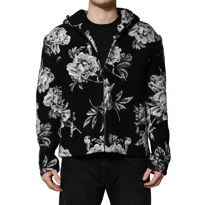 Dolce & Gabbana Black Wool Floral Printed Men Hooded Jacket