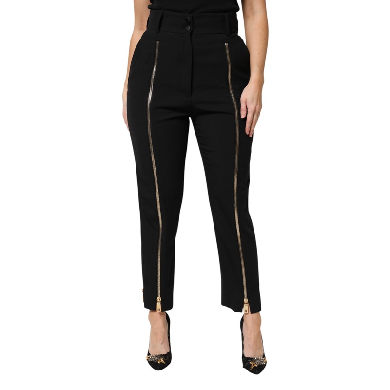 Dolce & Gabbana Black Wool High Waist Zipper Tapered Pants