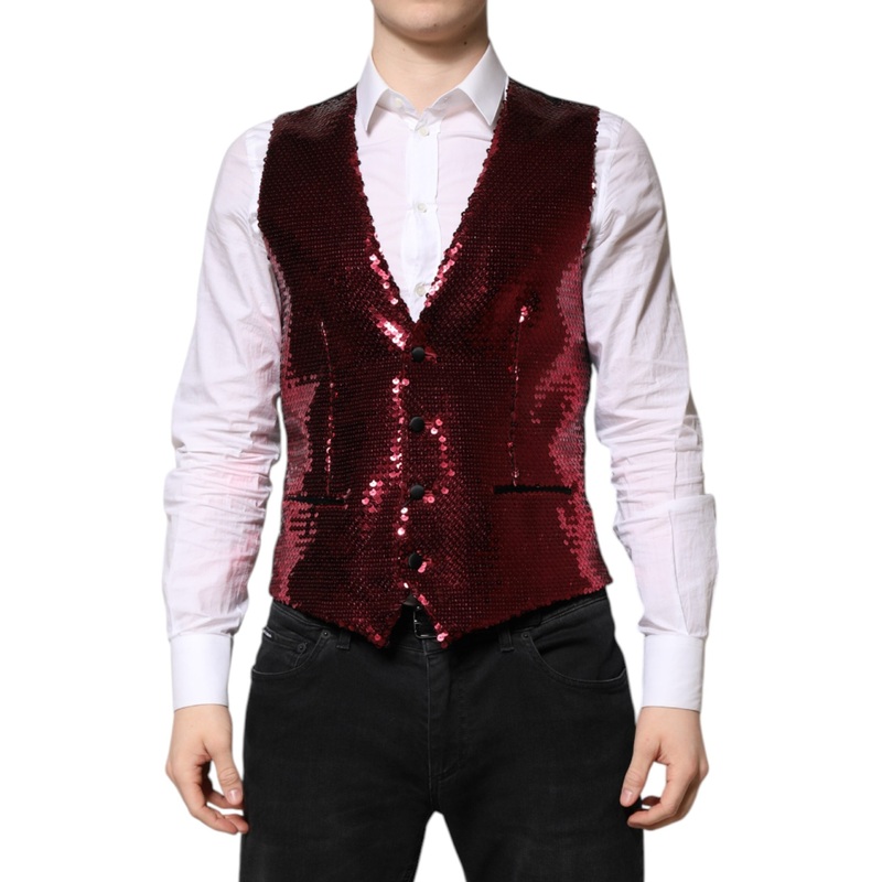 Dolce & Gabbana Red Sequined Dress Formal Men Waistcoat Vest