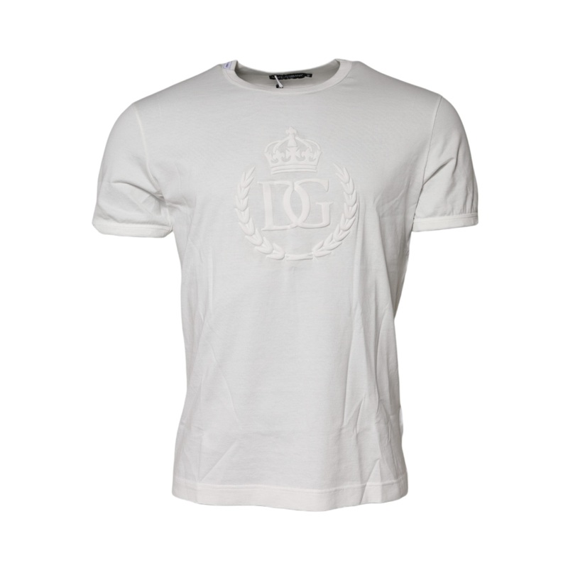 Dolce & Gabbana White Cotton DG Crown Embossed T-shirt