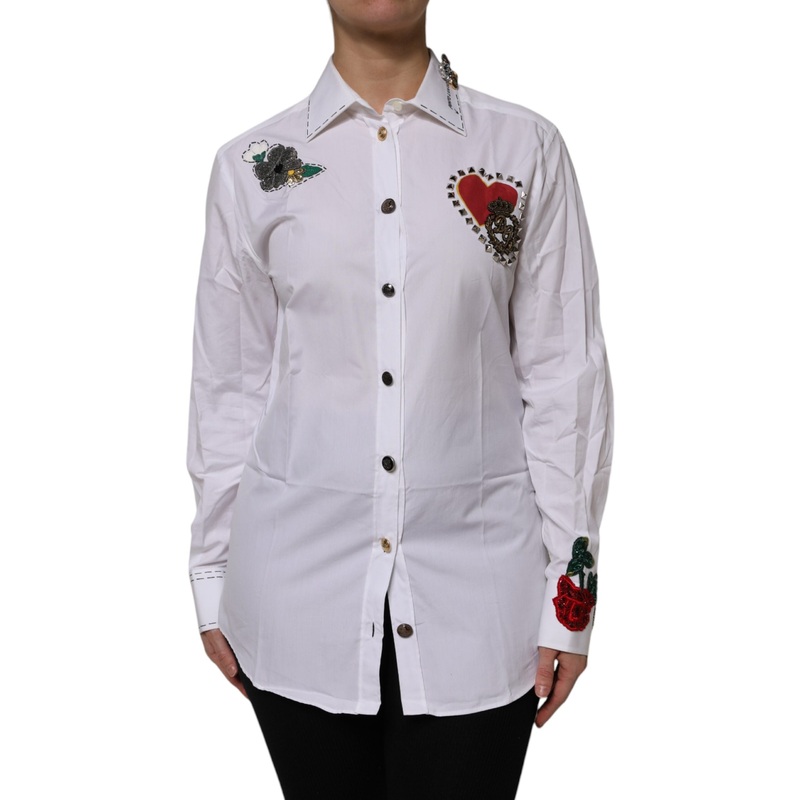 Dolce & Gabbana White Cotton Floral Embellished Shirt Top