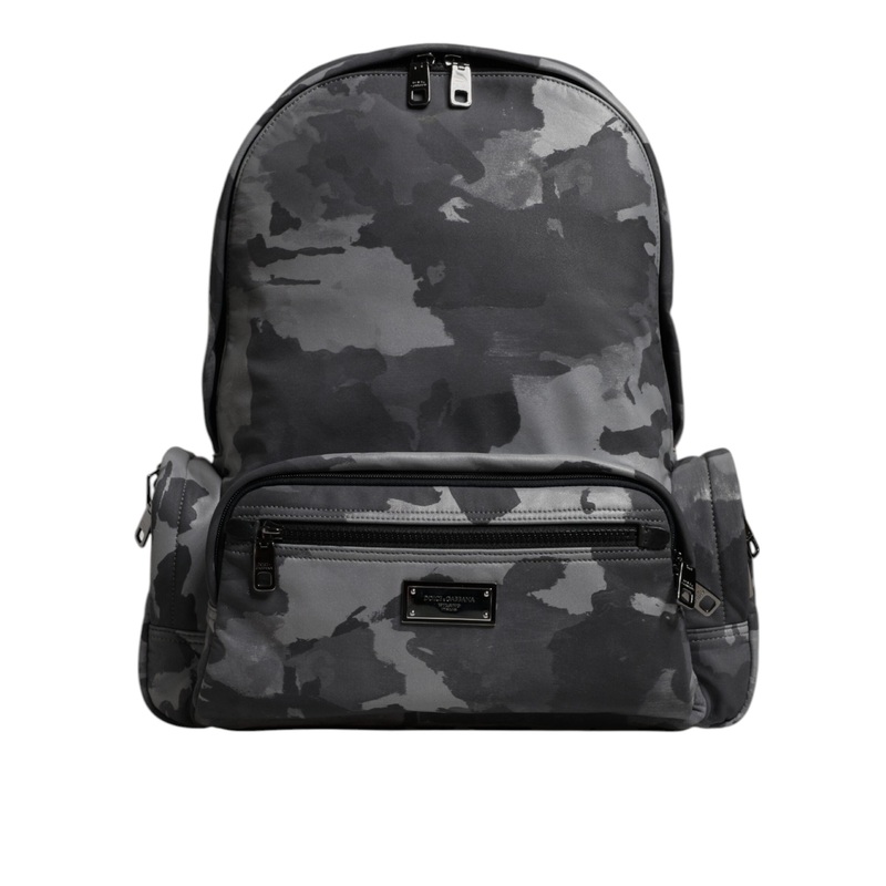 Dolce & Gabbana Gray Cotton Camouflage Logo Plaque Backpack Bag