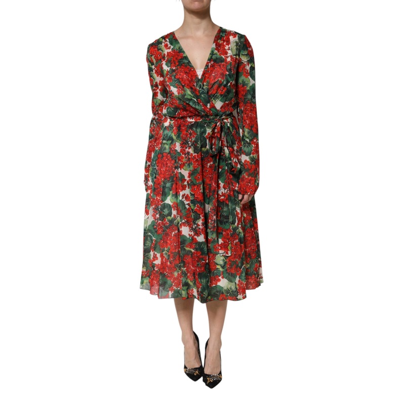 Dolce & Gabbana Multicolor Floral Long Sleeves V-neck Dress