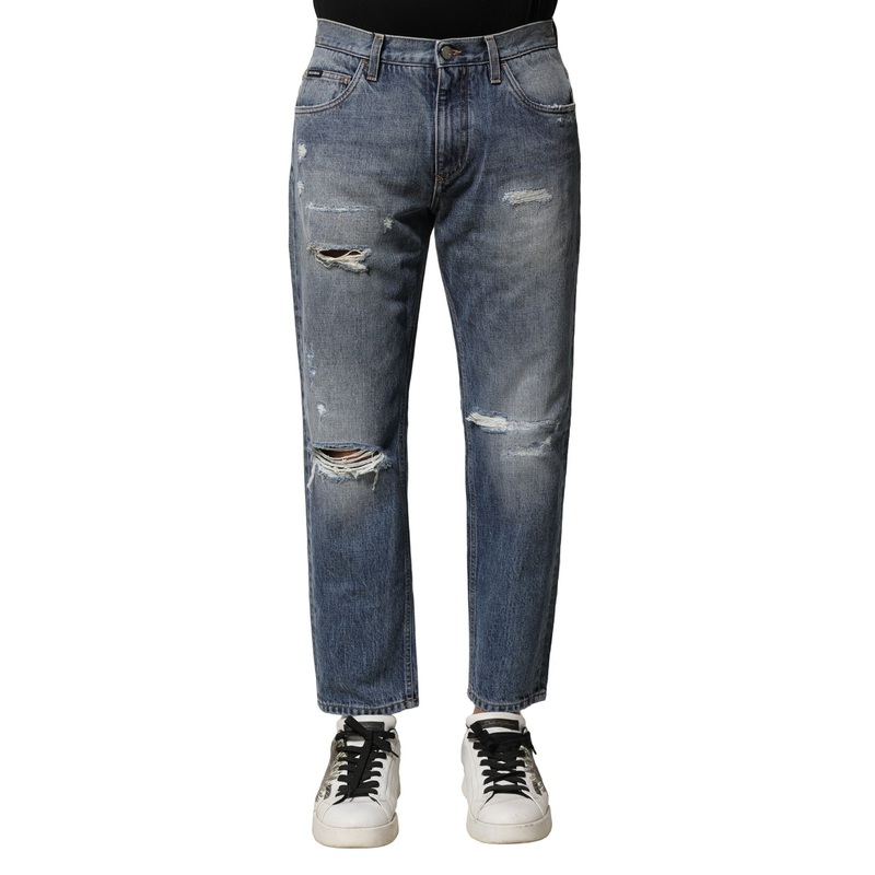 Dolce & Gabbana Blue Washed Tattered Straight Fit Denim Jeans