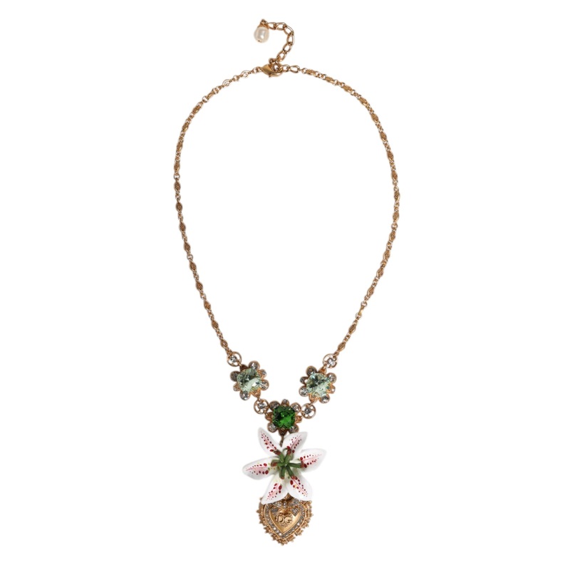 Dolce & Gabbana Gold Brass Lily Crystal Sacred Heart Pendant Necklace
