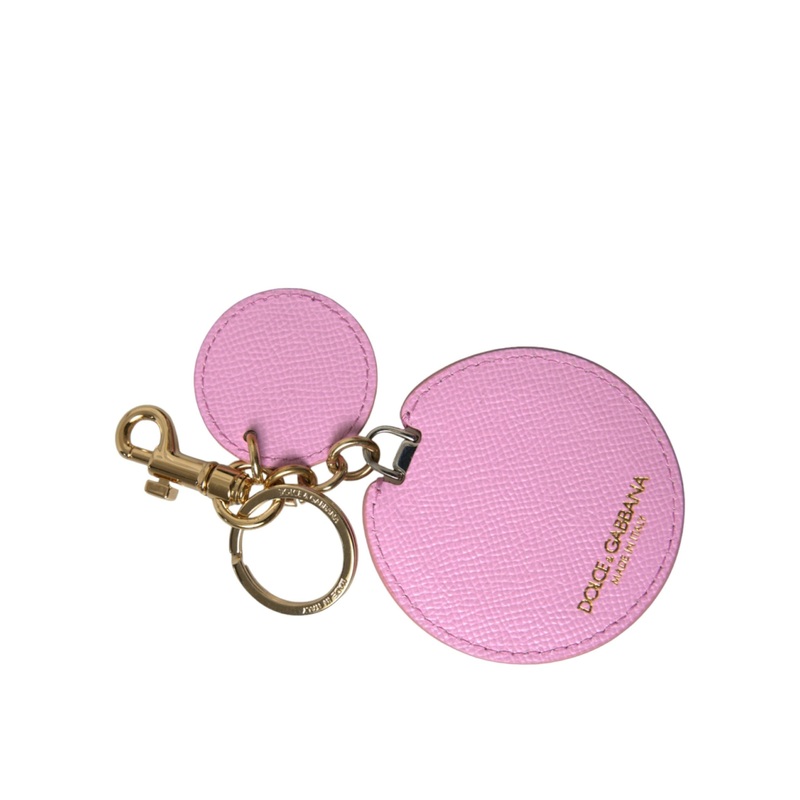 Dolce & Gabbana Pink Calf Leather Gold Metal Logo Print Keyring Keychain