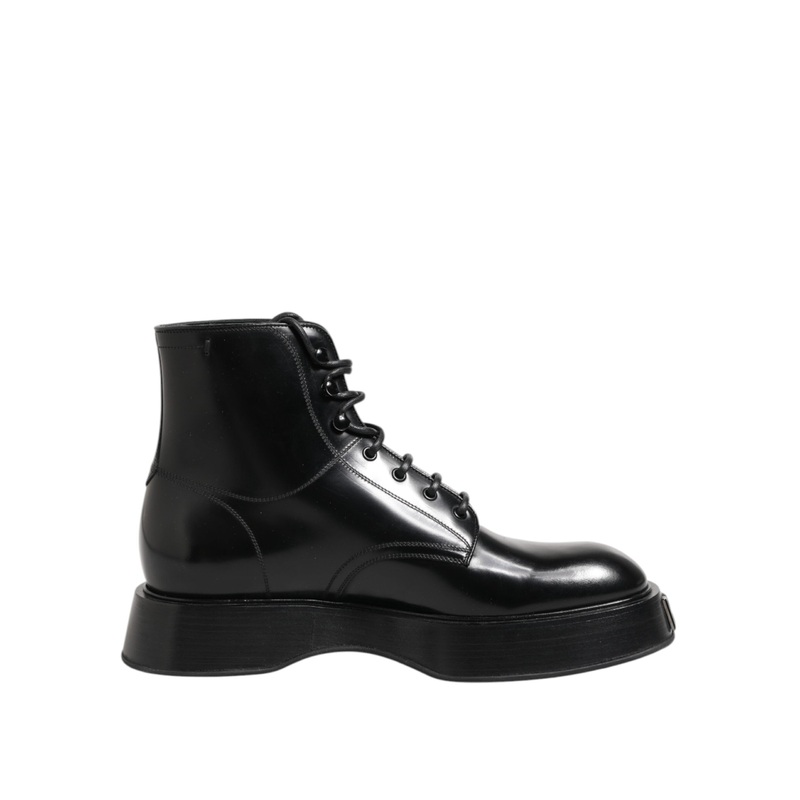 Dolce & Gabbana Black Leather Logo Ankle Boots Lace Up Shoes