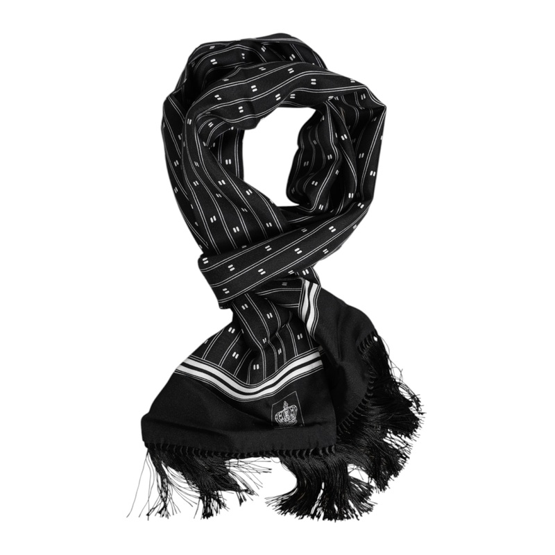 Dolce & Gabbana Black Silk Printed Fringes Men Foulard Scarf