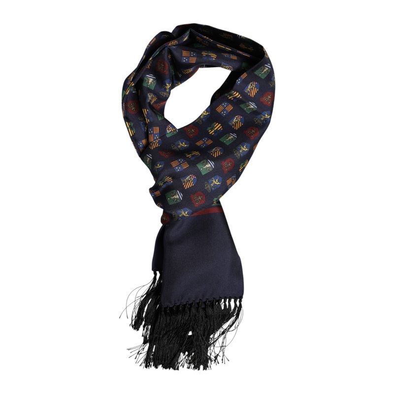 Dolce & Gabbana Blue Silk Printed Fringes Foulard Scarf