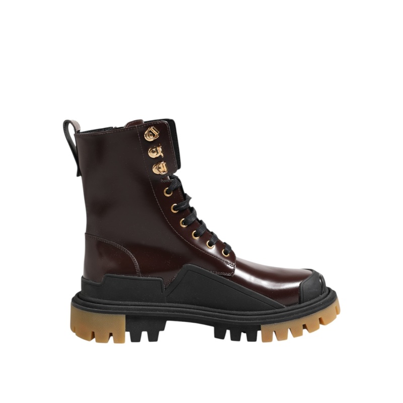 Dolce & Gabbana Brown Black Leather Boots Zipper Lace Up Shoes