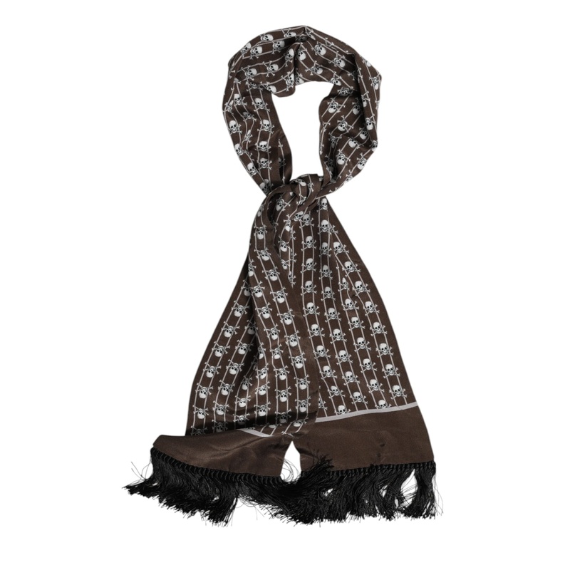 Dolce & Gabbana Brown Skulls Print Fringes Foulard Scarf