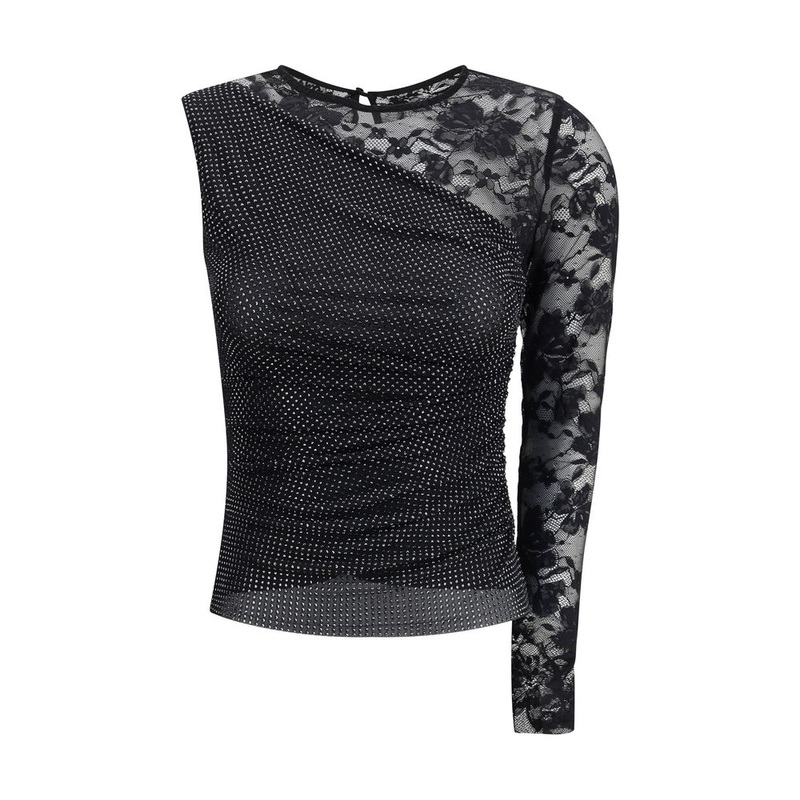 Self-Portrait One-shoulder lace and rhinestone Top