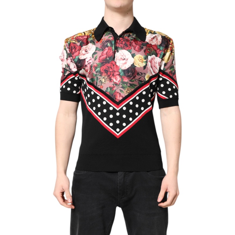 Dolce & Gabbana Black Floral Collared Short Sleeve T-shirt