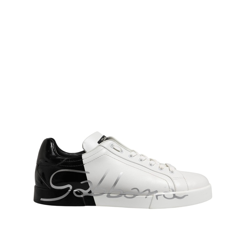 Dolce & Gabbana White Black Logo Low Top Leather Sneakers Shoes
