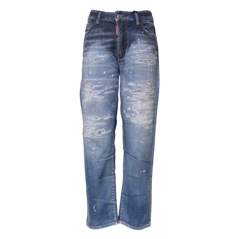 Dsquared Blue Tattered Cotton Mid Waist Straight Denim Jeans