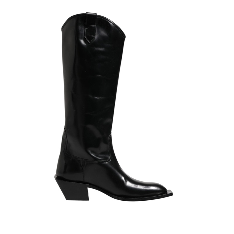Dolce & Gabbana Black Calfskin Leather Logo High Boots Shoes