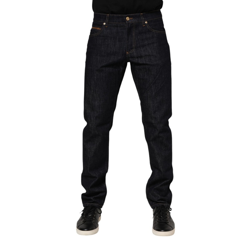 Dolce & Gabbana Dark Blue Cotton Logo Plaque Men Denim Jeans