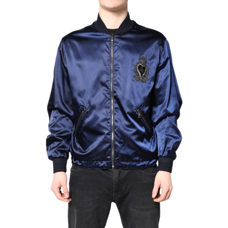 Dolce & Gabbana Blue Nylon DG Crown Full Zip Bomber Jacket