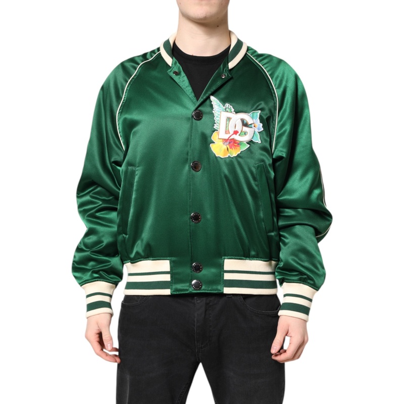 Dolce & Gabbana Green Floral DG Logo Full Zip Bomber Jacket