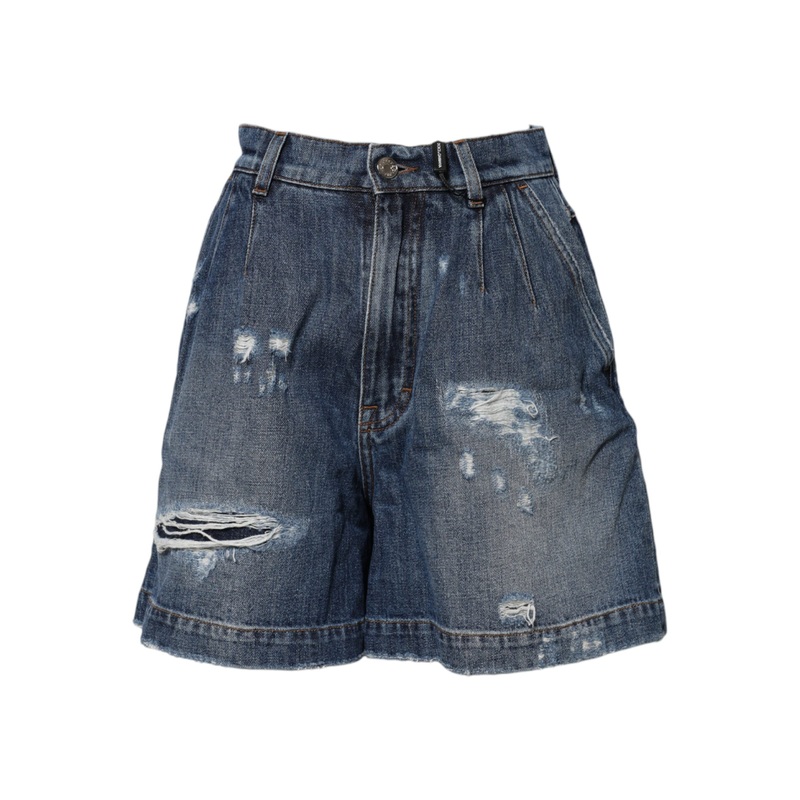 Dolce & Gabbana Blue Cotton Tattered Denim Bermuda Shorts