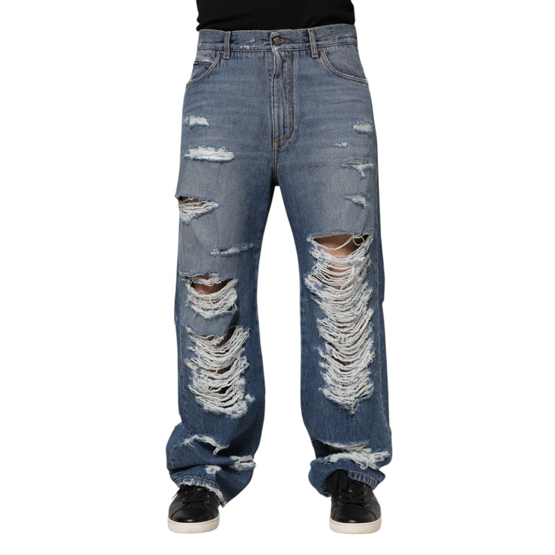 Dolce & Gabbana Blue Tattered Cotton Logo Plaque Denim Jeans