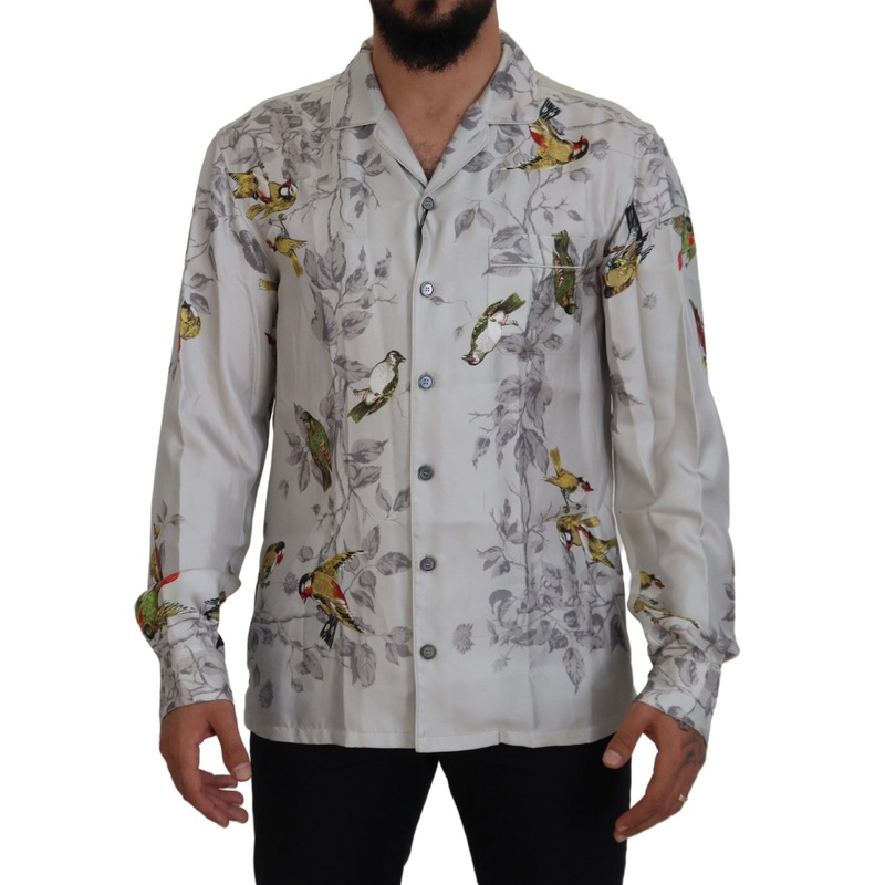 Dolce & Gabbana White Bird Print Silk Satin Casual Shirt
