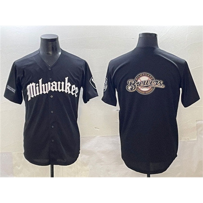 Milwaukee Brewers Team Big Logo Black ‘Gothic 414 Shadows Edition’ Vapor Premier Limited Stitched Baseball Jersey
