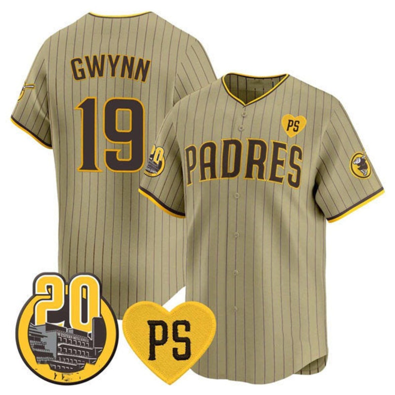 San Diego Padres #19 Tony Gwynn Tan ‘For Peter’ And Petco Park 20th Patch Limited Stitched Baseball Jersey