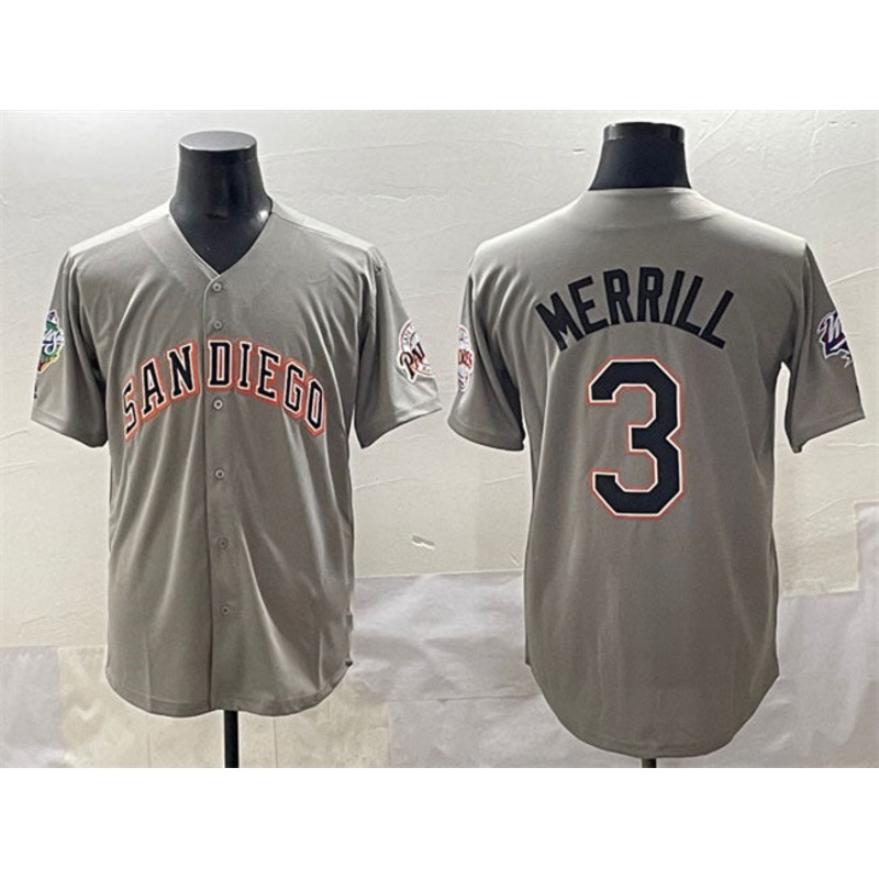 San Diego Padres #3 Jackson Merrill Gray Fashion Throwback With Patch Cool Base Stitched Baseball Jersey