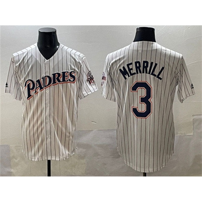 San Diego Padres #3 Jackson Merrill White Throwback With Patch Cool Base Stitched Baseball Jersey